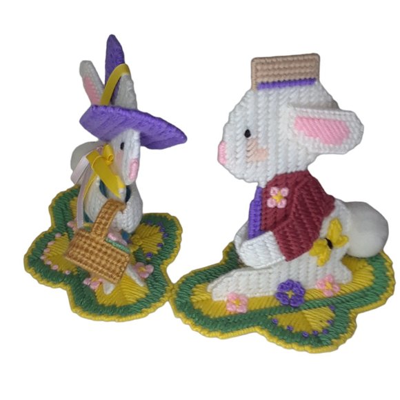 Easter Bunny Decor Vintage Cross stitch on Plastic Form Set of Two - Picture 3 of 7